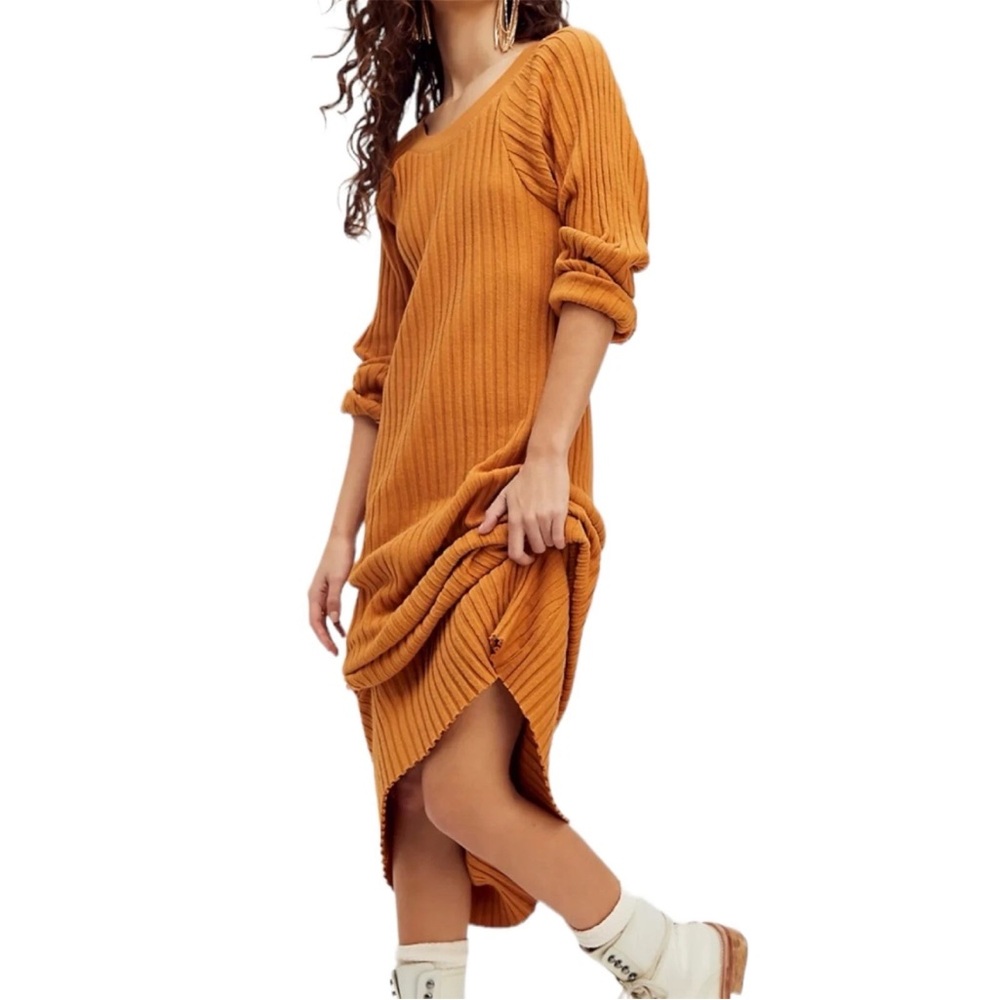 Free People Beach Dress Sz Large Bodycon  Ribbed Knit Long Sleeve Fall - Picture 2 of 12